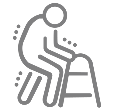 Ícono de fisioterapia geriátrica: persona mayor con andadera y líneas indicando inestabilidad