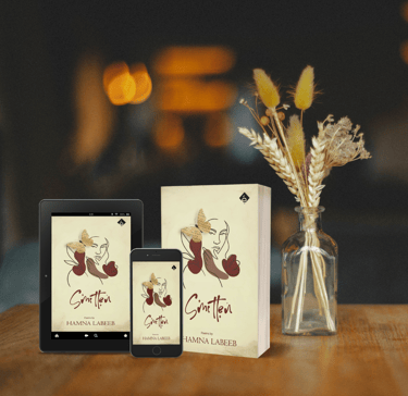 Book mockups of paperback and kindle, with a line drawing of a woman with a butterfly near her hair