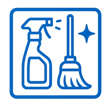 a blue and white sign with a cleaning brush and a broom