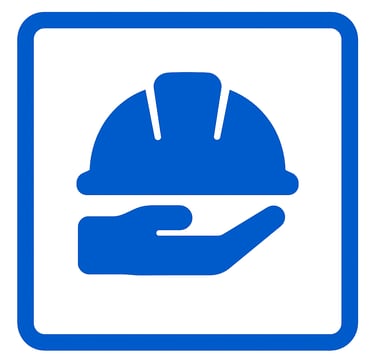 a blue and white sign with a helmet on it