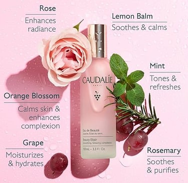 Flat lay of Caudalie Beauty Elixir bottle surrounded by natural ingredients like mint leaves, rose p