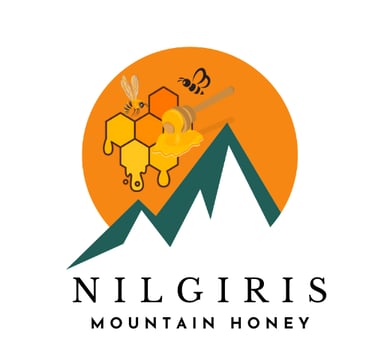 a mountain view of a honeybee logo and a bee