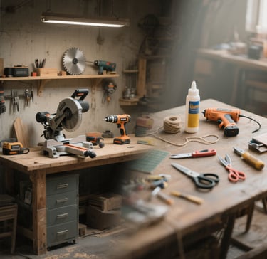 woodworking tools and craft gear arranged on workbench