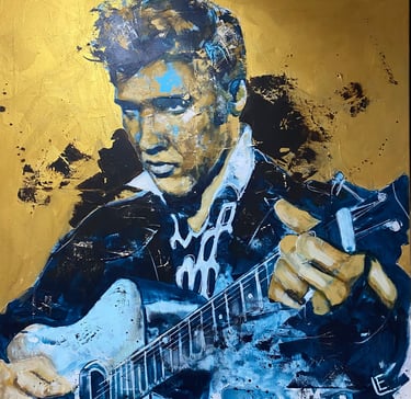 Pop art painting of Elvis Presley playing a guitar with metallic gold leaf and blue accents.