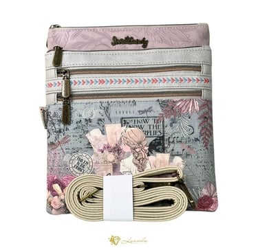 Bandoulière Sweet Candy illustrée avec fleurs et papeterie vintage – tons gris et rose