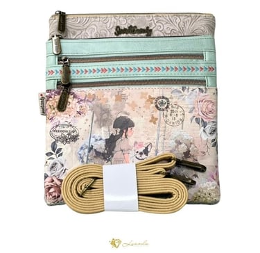 Bandoulière Sweet Candy illustrée avec fleurs pastel et scène de promenade – tons crème et vert ment