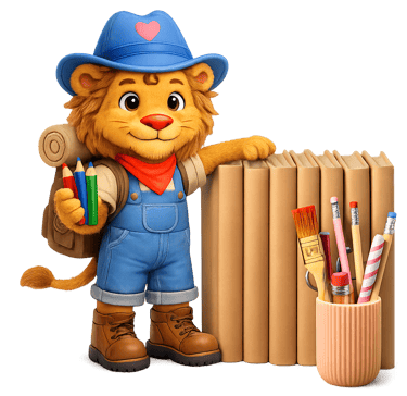 A cartoon lion holding art supplies beside books.