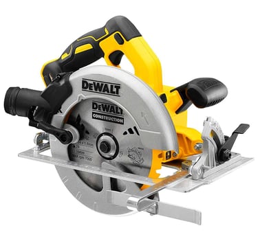 Yellow DeWalt cordless circular saw with a 24-tooth carbide blade on a white background.