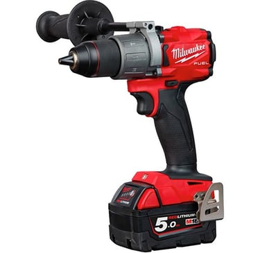 Milwaukee M18 FUEL cordless hammer drill with side handle and 5.0Ah lithium-ion battery.
