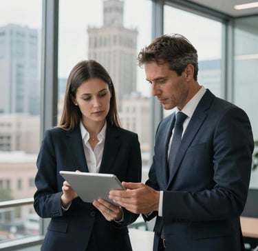 Professional business colleagues in suits reviewing data on a digital tablet in a modern office.