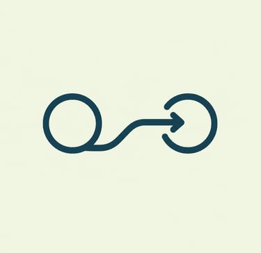 Minimalist line art icon showing a curved arrow connecting two circles representing process flow.