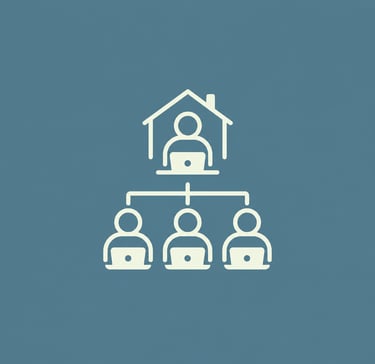 A minimalist white remote work icon showing a home office leader managing a distributed team on laptops.