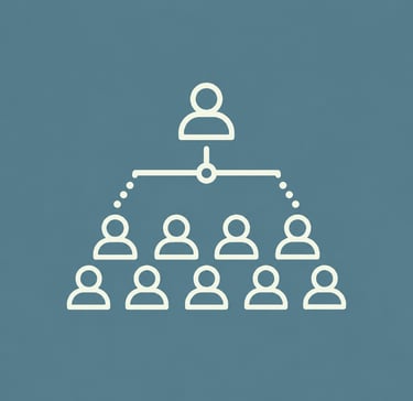 Minimalist organizational chart icon representing corporate hierarchy and team structure on a blue background.