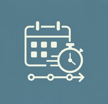 White line icon of a calendar and stopwatch timeline for project management and scheduling.