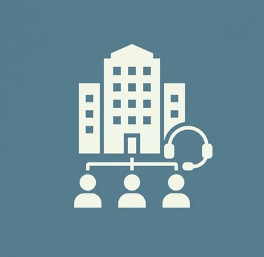 Customer support icon showing an office building connected to staff with headsets for business communication.