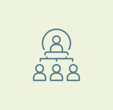 A minimal blue line icon of a corporate organizational chart showing leadership and team structure.