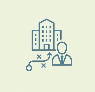 A corporate business strategy icon showing a professional icon, office building, and a tactical roadmap.