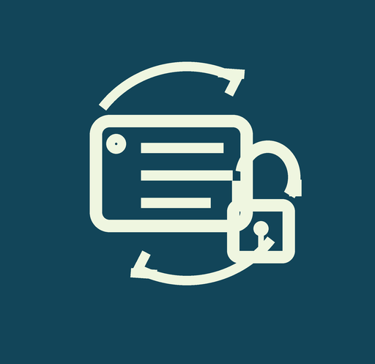 Flat icon showing a label with an unlocked padlock and refresh arrows for secure transactions.