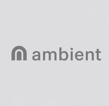 Minimalist Ambient company logo featuring a gray arch icon and lowercase sans-serif typography.