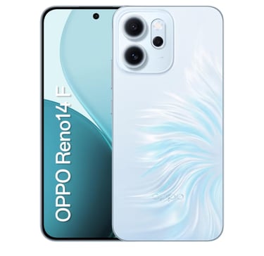 OPPO Reno14 F smartphone in a light blue textured finish featuring a dual camera setup and large display screen.