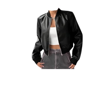 A person wearing a black leather bomber jacket, shop on amazon 