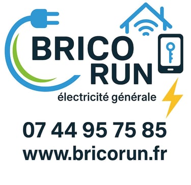 Brico Run logo for general electricity services, featuring a power plug, smart home icons, and contact details.