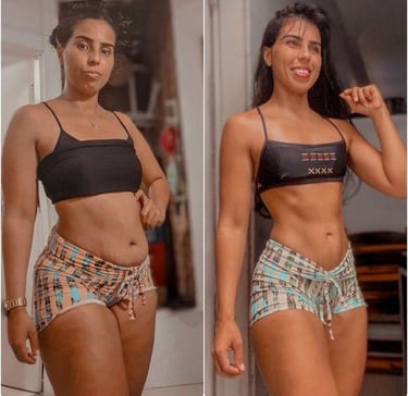 Mulher em antes e depois de emagrecimento, mostrando resultados visíveis na barriga.