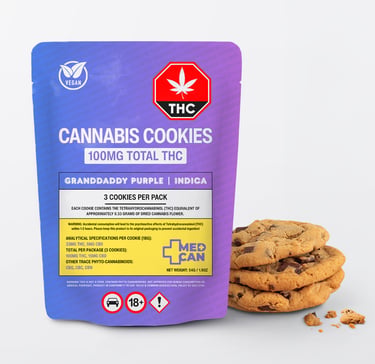 A stack of chocolate chip cannabis cookies next to a 100mg THC Granddaddy Purple indica edible bag.