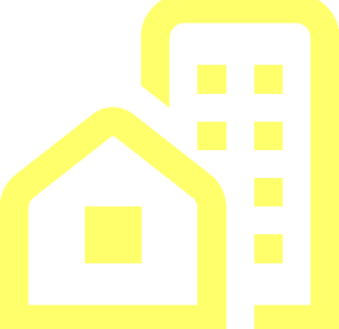 Icône maison et immeuble jaunes symbolisant des logements spacieux et tout équipés.