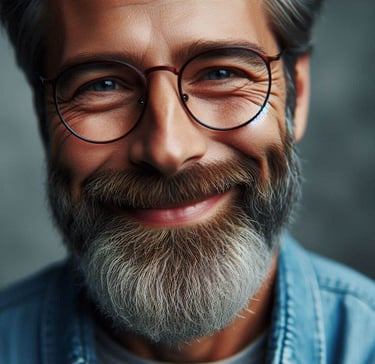a man with a beard and glasses on his face