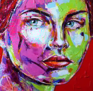 a painting of a woman's face with a red background