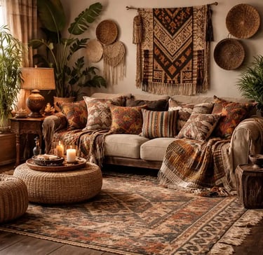 Afro-Bohemian Interior Design with Layered Textiles and Earth-Tone Patterned Fabrics