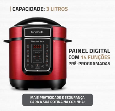 Panela De Pressão Elétrica Digital 3L, Mondial, Vermelho/Inox, 700W, 110V - PE-41