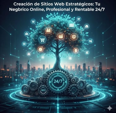 A vibrant digital tree with business growth icons and mechanical gears at its base, representing strategic web design, SEO, a