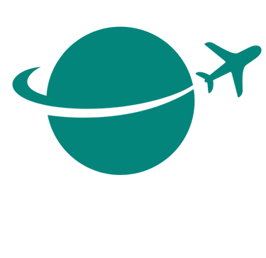 Icon of a green plane, dashing across and slicing a green circle representing the Earth.