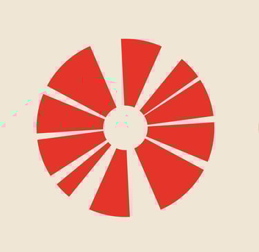 a red and beige icon with a point of impact