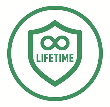 green shield with an infinity loop and the word lifetime inside