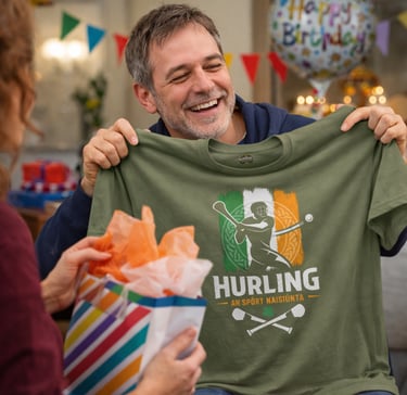 Smiling man opening a gift containing a green Irish hurling t-shirt at a birthday party.