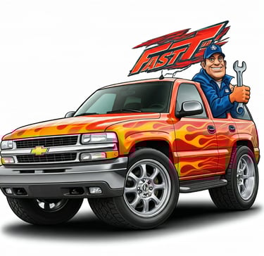 Fast T's Mobile Battery Service Truck cartoon with a Mechanic and a wrench 