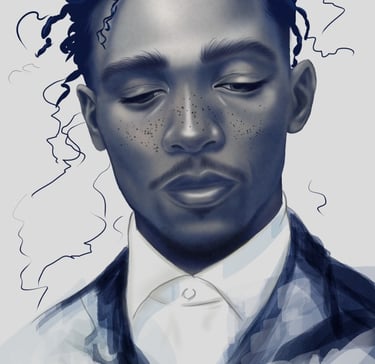 a black man with freckles in a white shirt