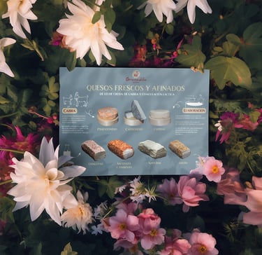 Menu of Granadilla artisan goat cheeses surrounded by pink and white dahlias in a lush garden.