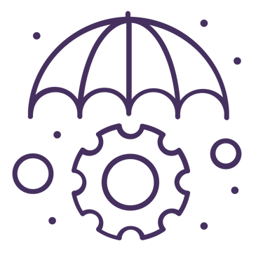 Purple line icon of an umbrella protecting a gear symbol representing business risk management and data protection.