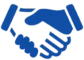 Blue icon of two hands shaking in a handshake gesture.