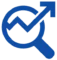 Blue magnifying glass icon with a rising arrow inside it, symbolizing growth or progress.
