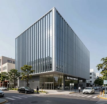 A professional security guard standing confidently in front of a corporate building at dusk.