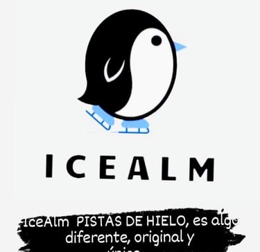 IceAlm logo featuring a penguin on ice skates with Spanish text promoting unique ice rinks.