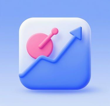 3D financial growth icon featuring a blue upward arrow and pink circle element on a square white background.