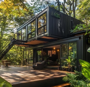 Black container house with two levels and terrace in the Forest