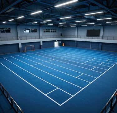 Overhead technical shot of a modern athletic training facility with sharp gridlines and cool, controlled blue studio lighting.