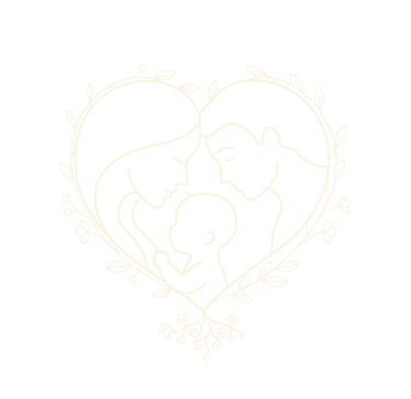 Logo crème de L'Amour du Lien, deux parents avec un bébé dans un coeur entourés de branche symbolisant la vie
